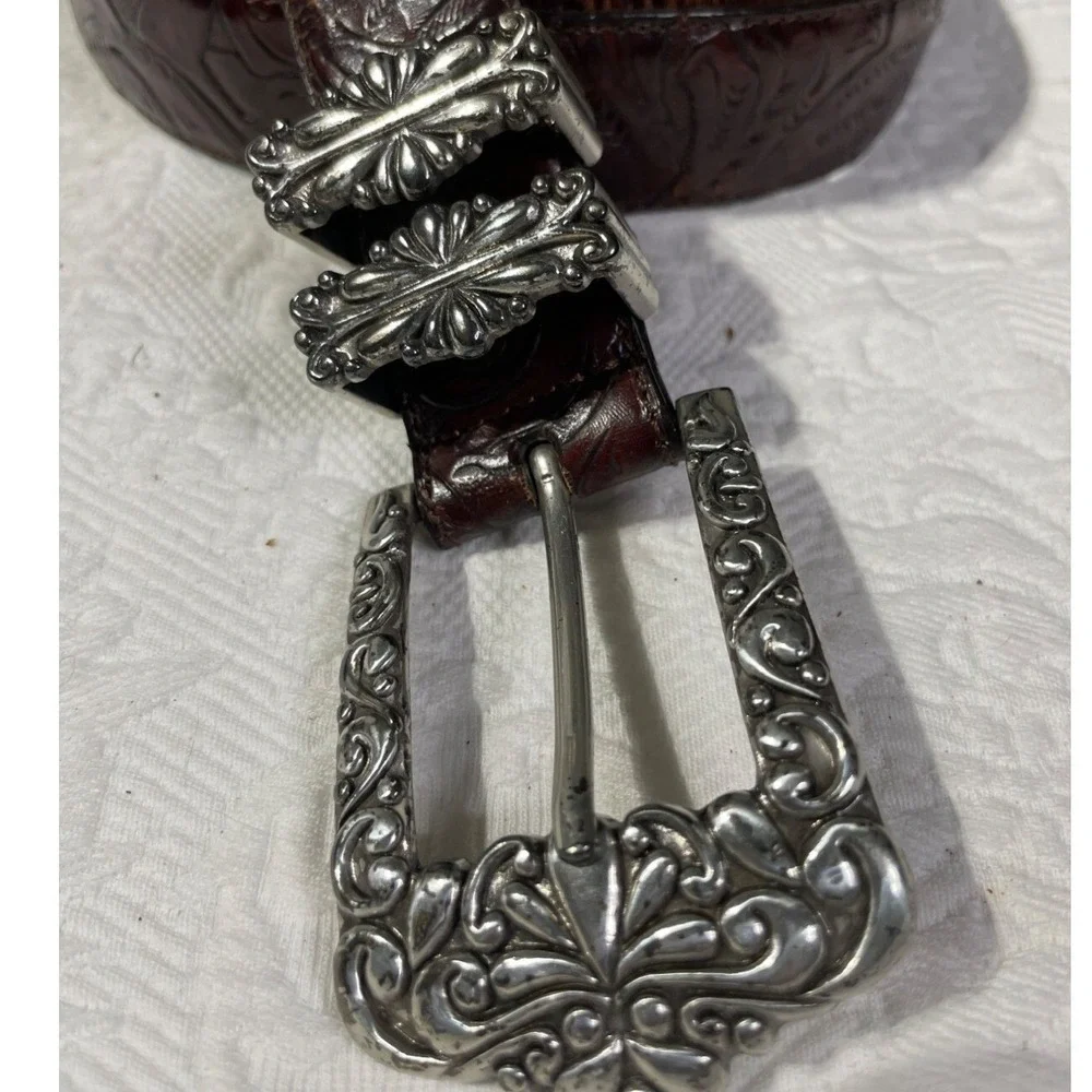 Brighton Vintage 1997 Western Tooled Leather‎ Belt Silver Floral Buckle Brown 30